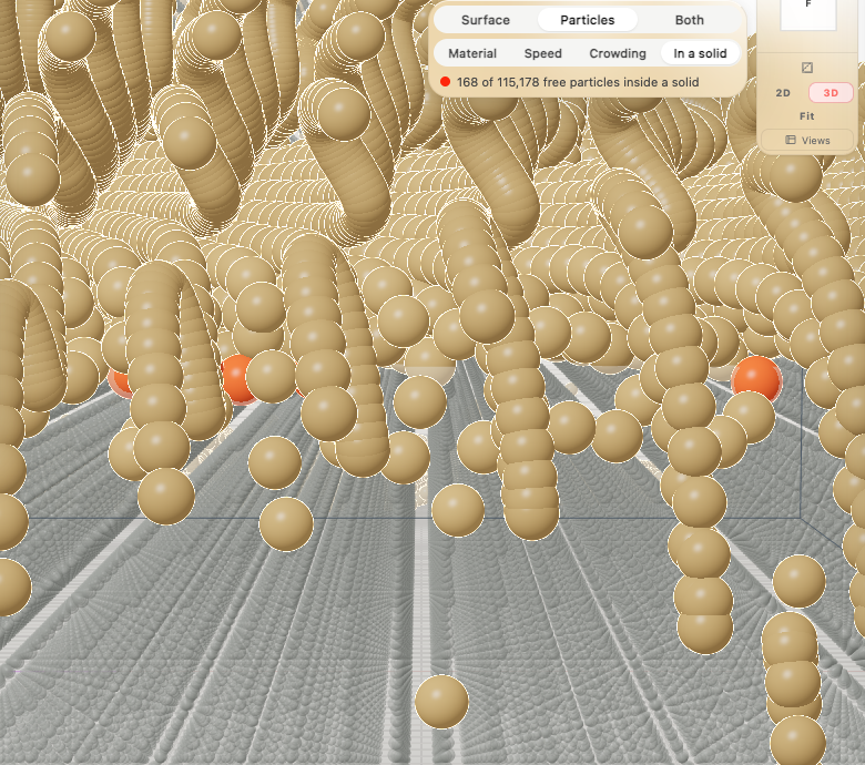 Fast on 1.20.2: close up at the front edge of the pedestal's base after the 2 mm run, sand particles in tan with three red ones sunk into the base's top edge; the legend reads 168 of 115,178 free particles inside a solid.