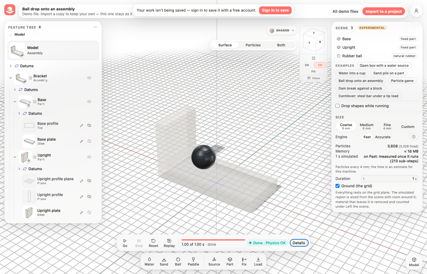 The Simulate workspace with the steel bracket and the dark rubber ball resting on its base plate in front of the upright, and the run bar reading 1.00 of 1.00 s, Done, Physics OK.