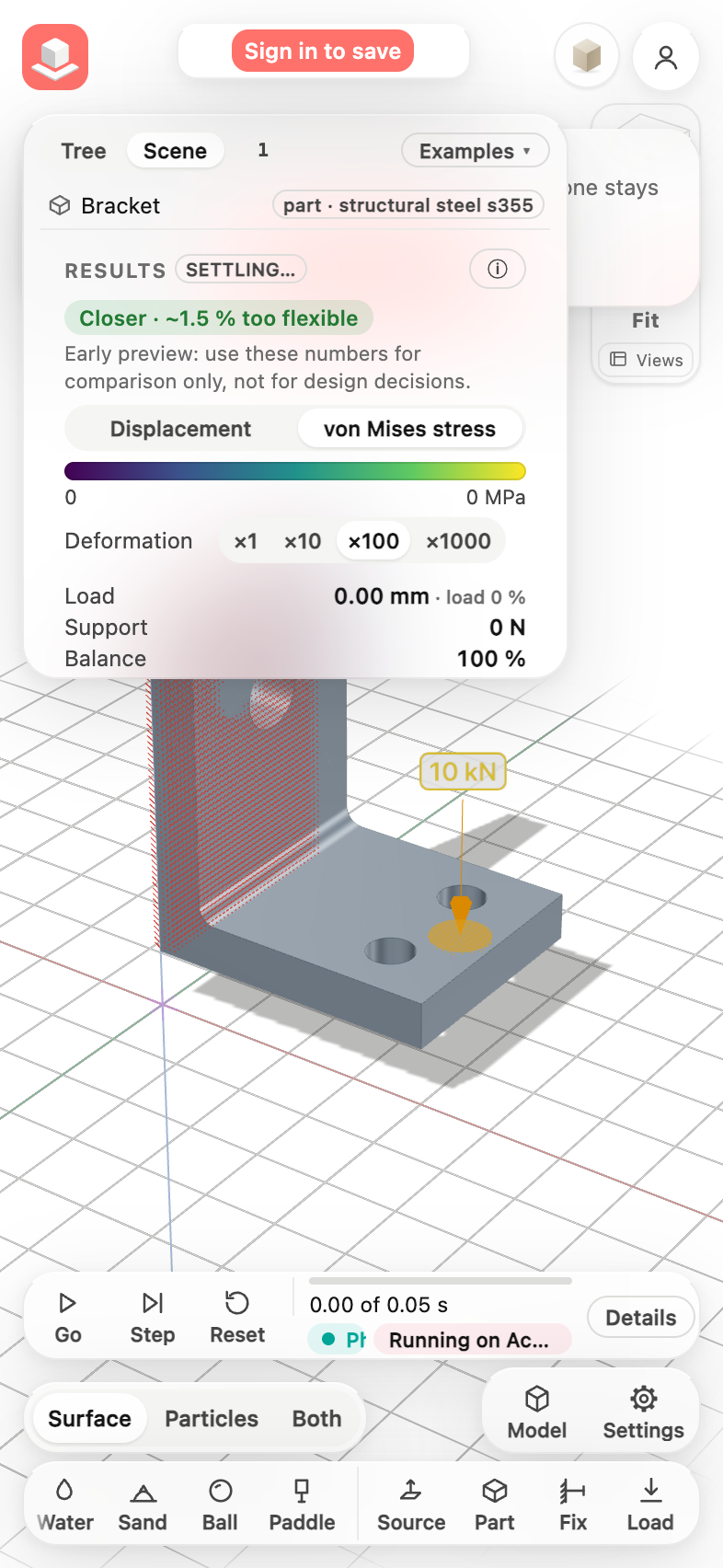 The Scene card with the bracket's results covers the top half of the screen; the run bar's status is cut off; Surface, Particles and Both take a row of their own.