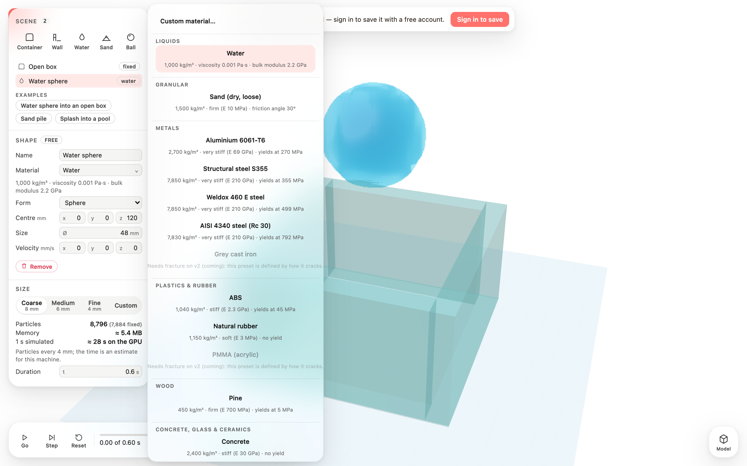 A popover listing Custom material…, Liquids, Granular, Metals, Plastics & rubber, Wood and Concrete, glass & ceramics, each entry with density, stiffness and yield.
