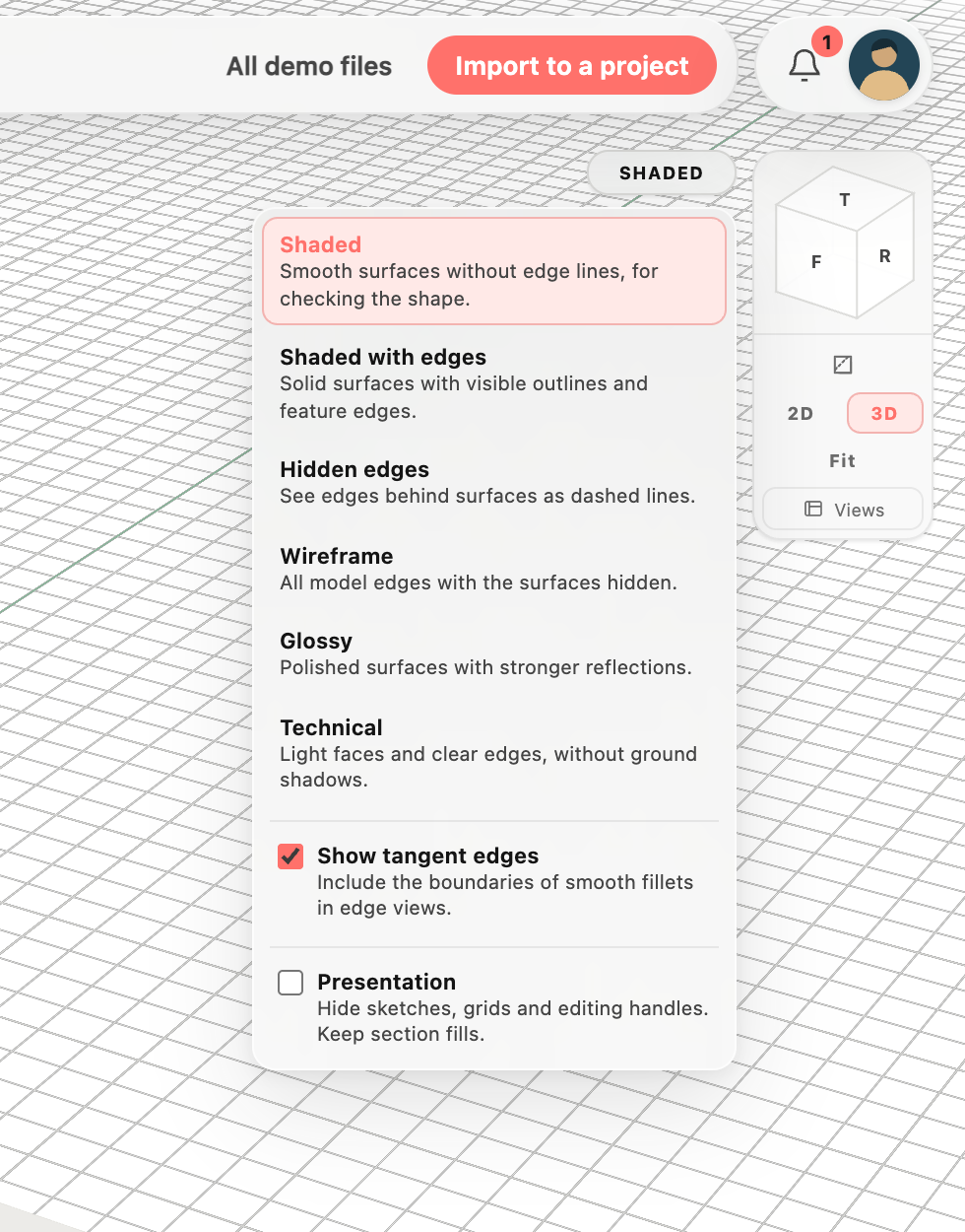 The earlier rendering menu lists six styles using names and descriptions.
