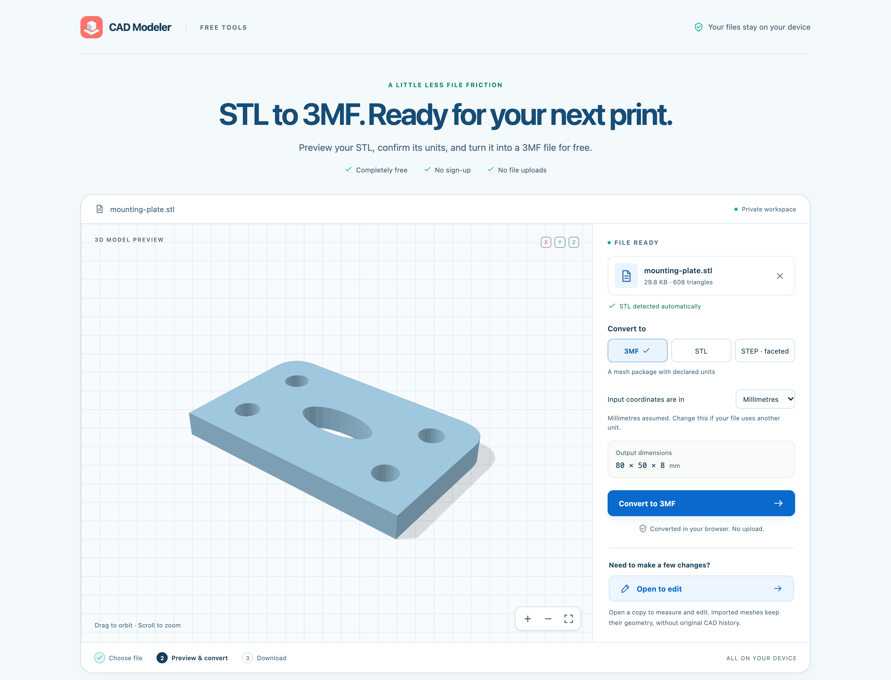 STL to 3MF converter showing a blue mounting plate, format choices, millimetre input units, Convert to 3MF and Open to edit.