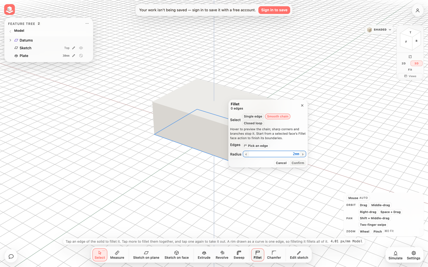 The same view with a narrower Feature tree, a tighter Fillet card and a shorter tool bar, leaving more of the screen to the part.