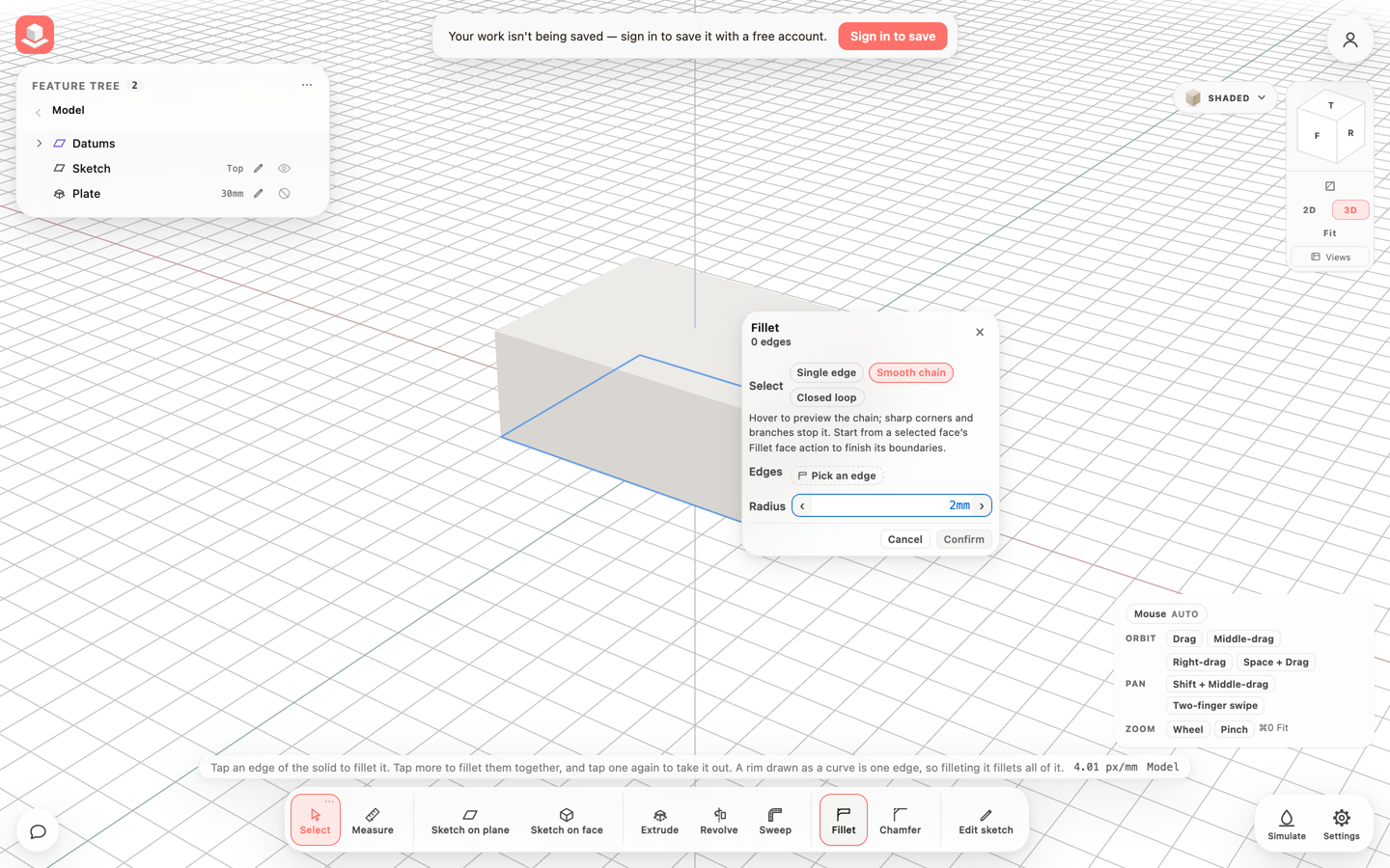 A box in the 3D view with the Feature tree at the top left, the Fillet card beside the part and the tool bar along the bottom, at the previous size.