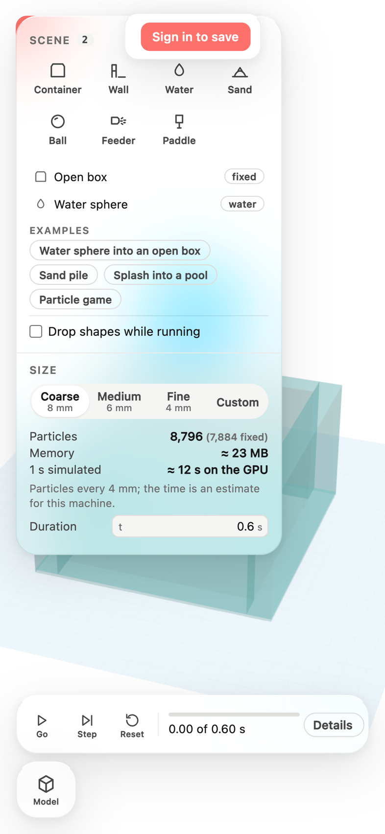 The Scene panel covers most of the phone screen with the add buttons, examples and size controls; the run bar floats below it and Model sits alone in a card.