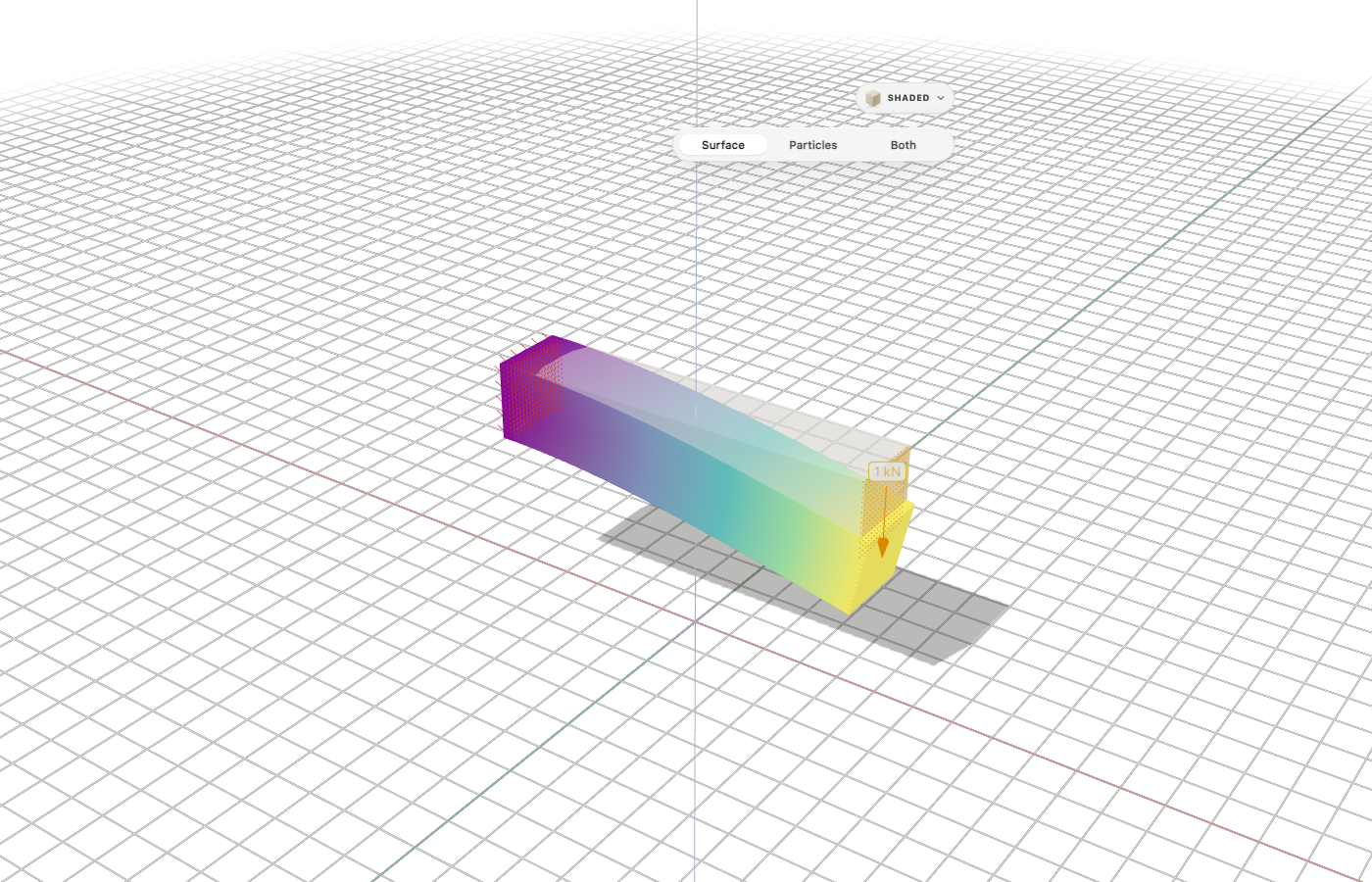 A square steel bar fixed at its left end bends down toward its right end, coloured from purple at the fixed end to yellow at the tip, over a faint straight outline of the unbent bar, with a 1 kN arrow on the tip.