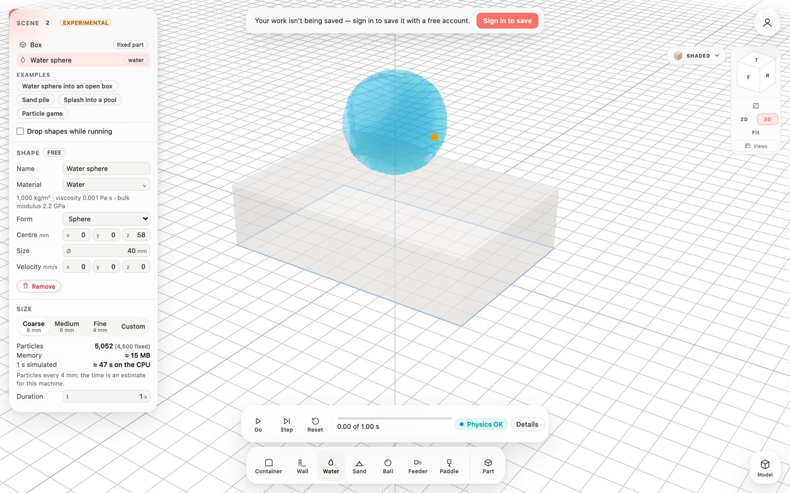 A water sphere above the faded box; the Scene panel lists Box as a fixed part and Water sphere as water.