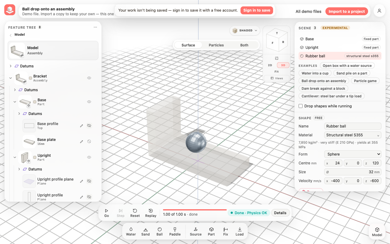 The Simulate workspace with the steel bracket and a shiny steel ball resting on its base plate in front of the upright, the ball's material reading Structural steel S355, and the run bar reading 1.00 of 1.00 s, Done, Physics OK.