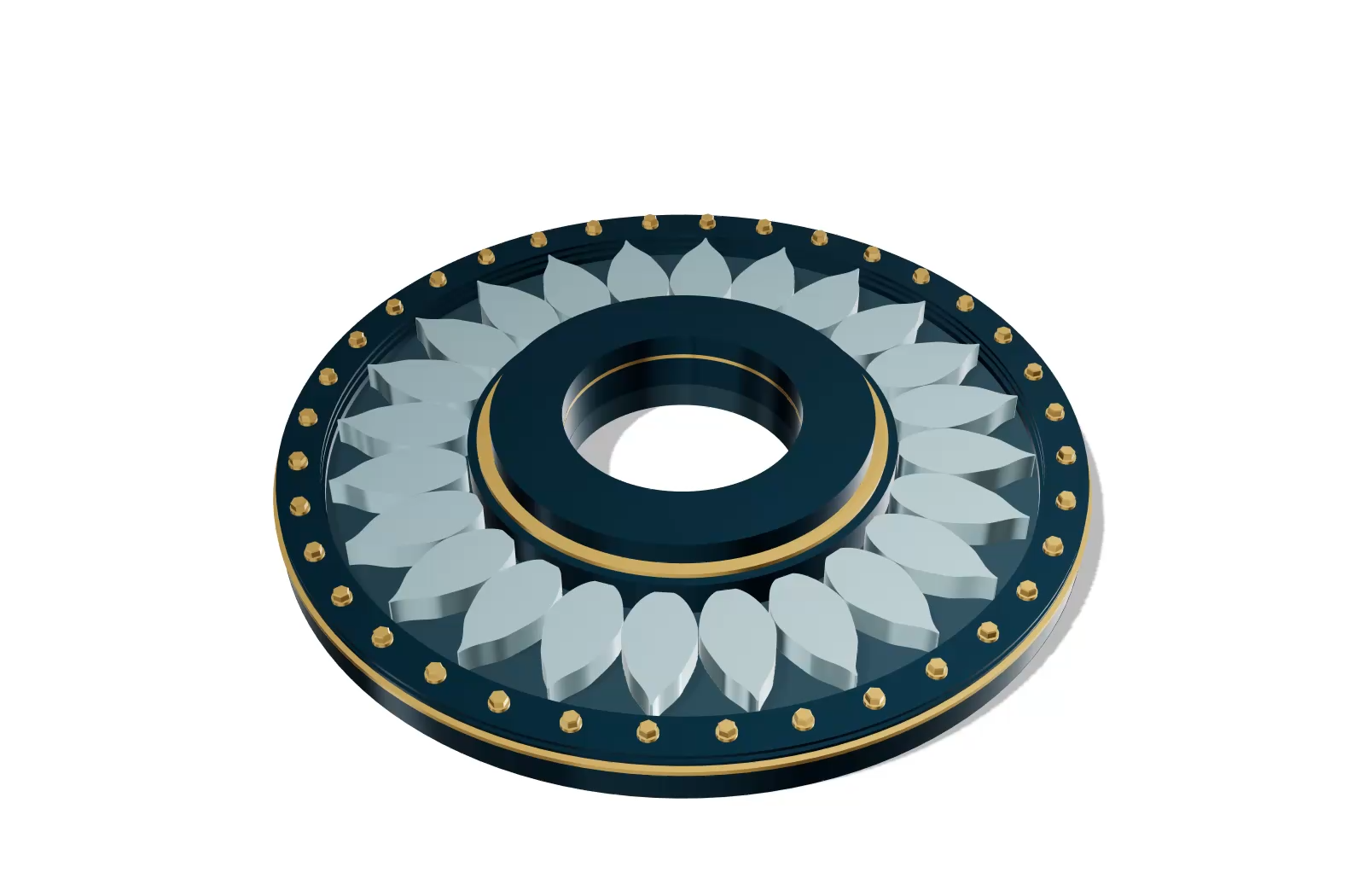 Aurelia turbine with silver spline vanes and gold fasteners in CAD Modeler.