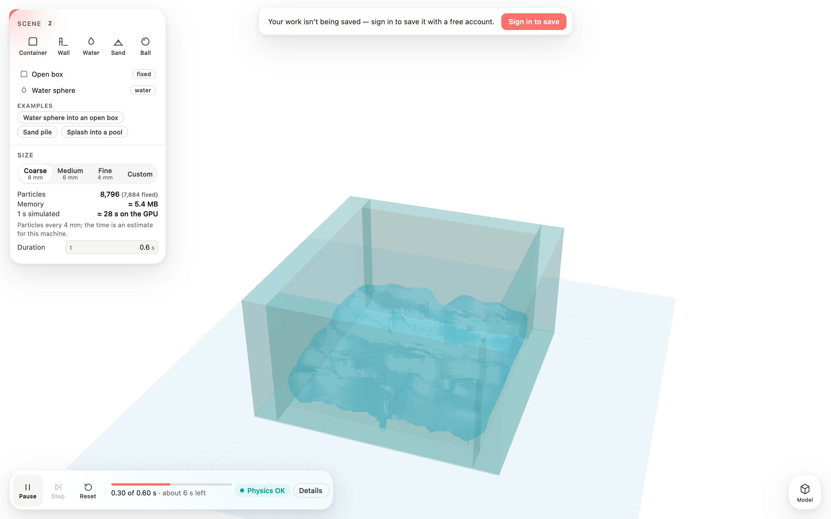 Water sloshing inside a translucent box in the 3D view; the run bar reads 0.30 of 0.60 s, about 6 s left, Physics OK.