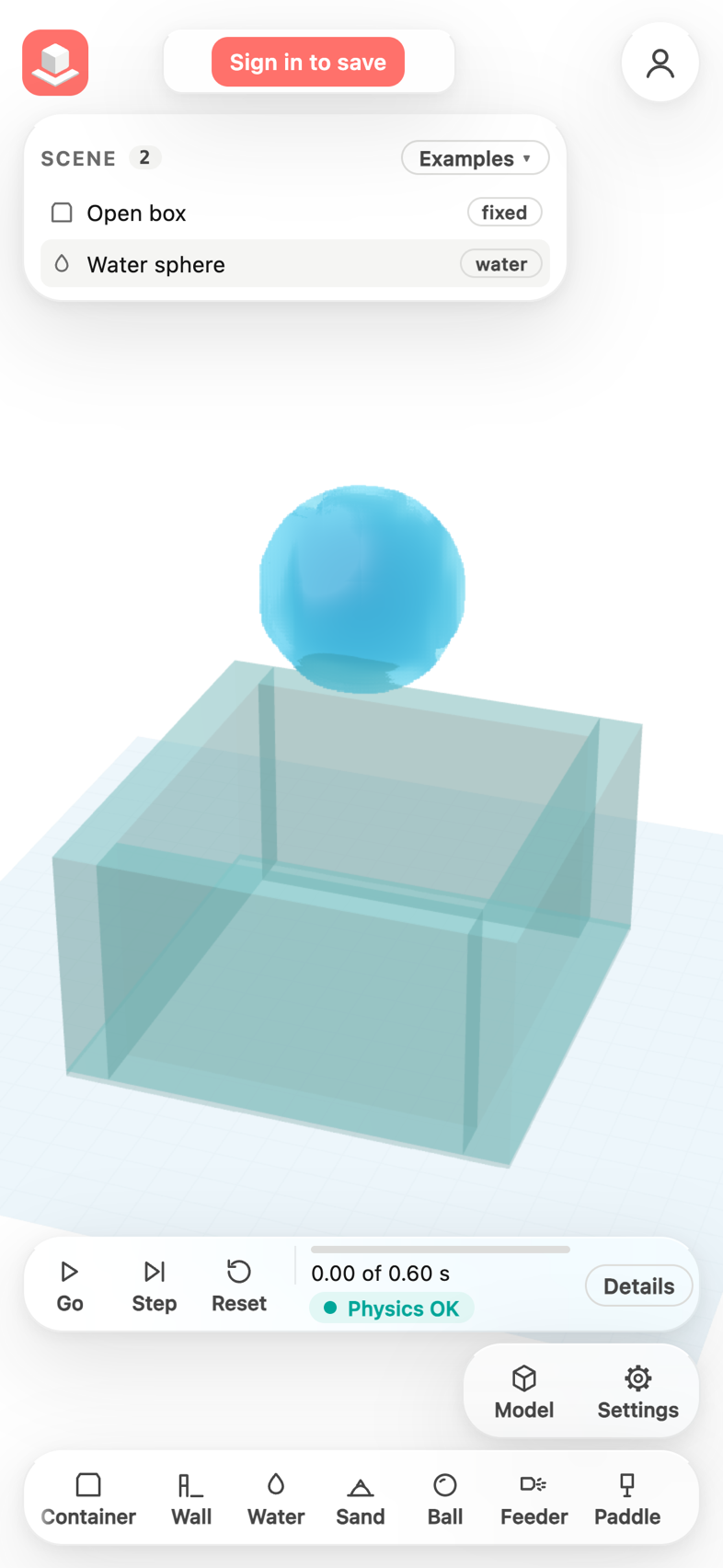 A compact Scene card lists the open box and the water sphere above a large 3D view; the run bar, Model and Settings, and a tool bar of items to add sit along the bottom.