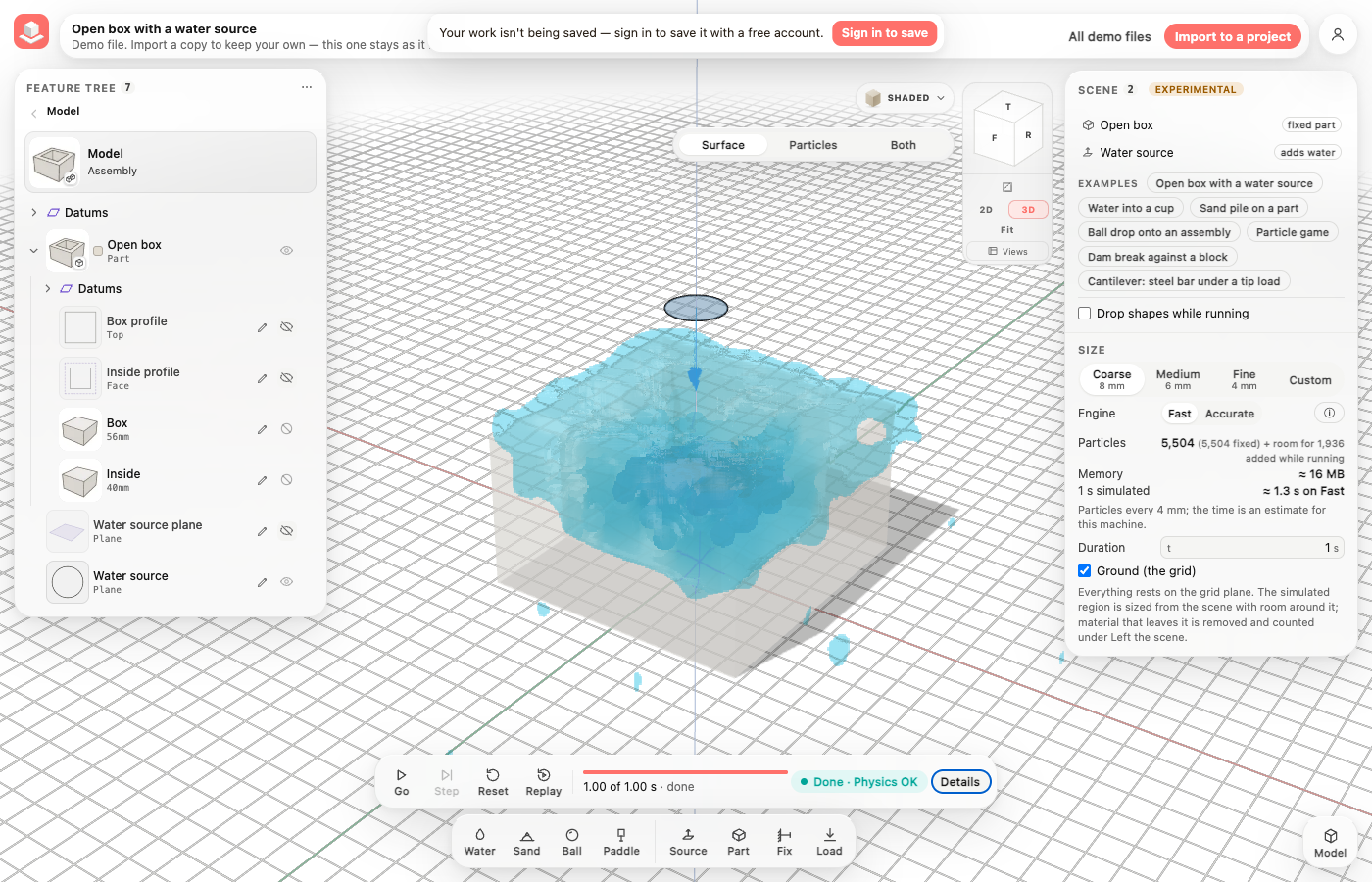 The Simulate workspace with the open glass box partly filled with blue water, a few drops outside it, and the run bar reading 1.00 of 1.00 s, Done, Physics OK.