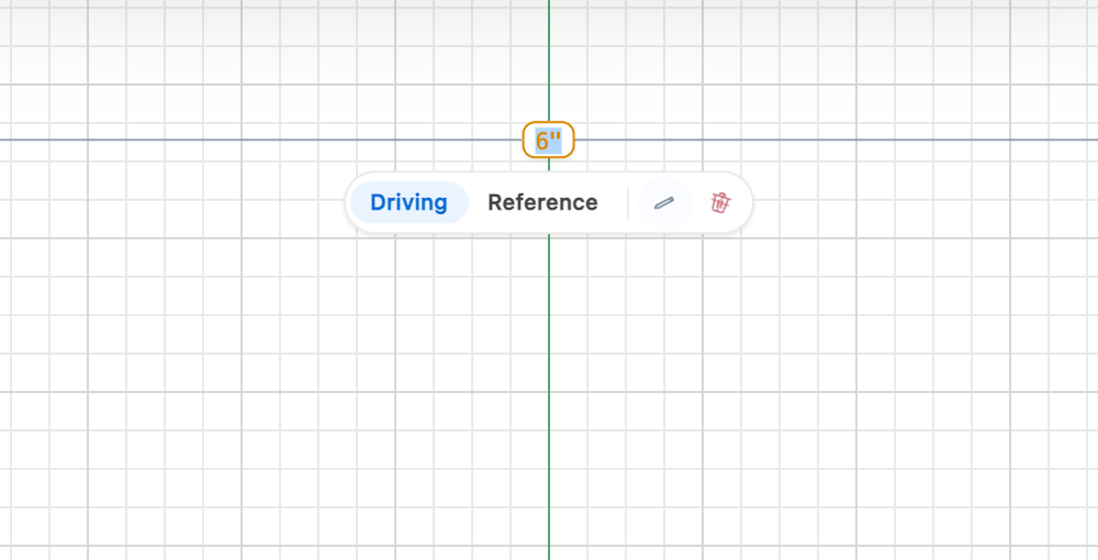 The six-inch dimension text is selected inside its compact gold label, with a blue checkmark and a gray X beside Driving and Reference.