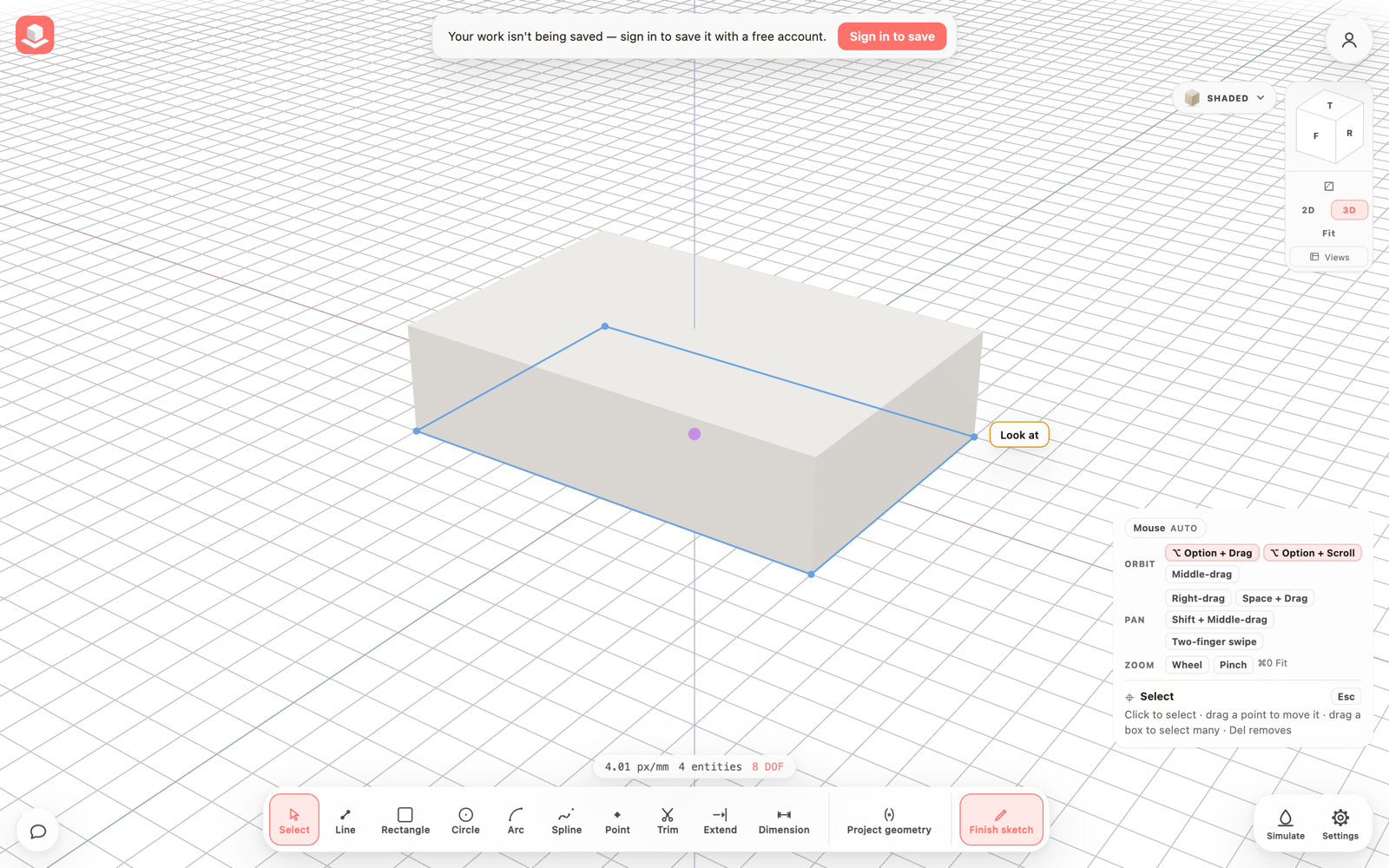 A box extruded from a rectangle on the model's 3D grid, with the sketch tools along the bottom and the view cube at the top right.